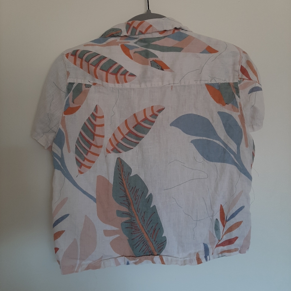 Floral Neutral Linen Cropped Camp Shirt - XS - Picture 4 of 6